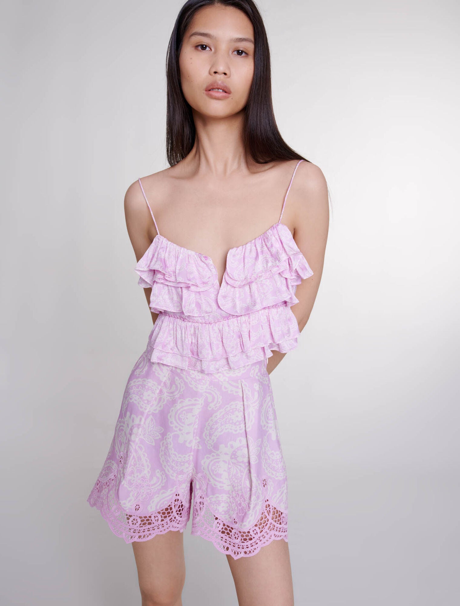 Pink Cashmere Print Patterned ruffled crop top
