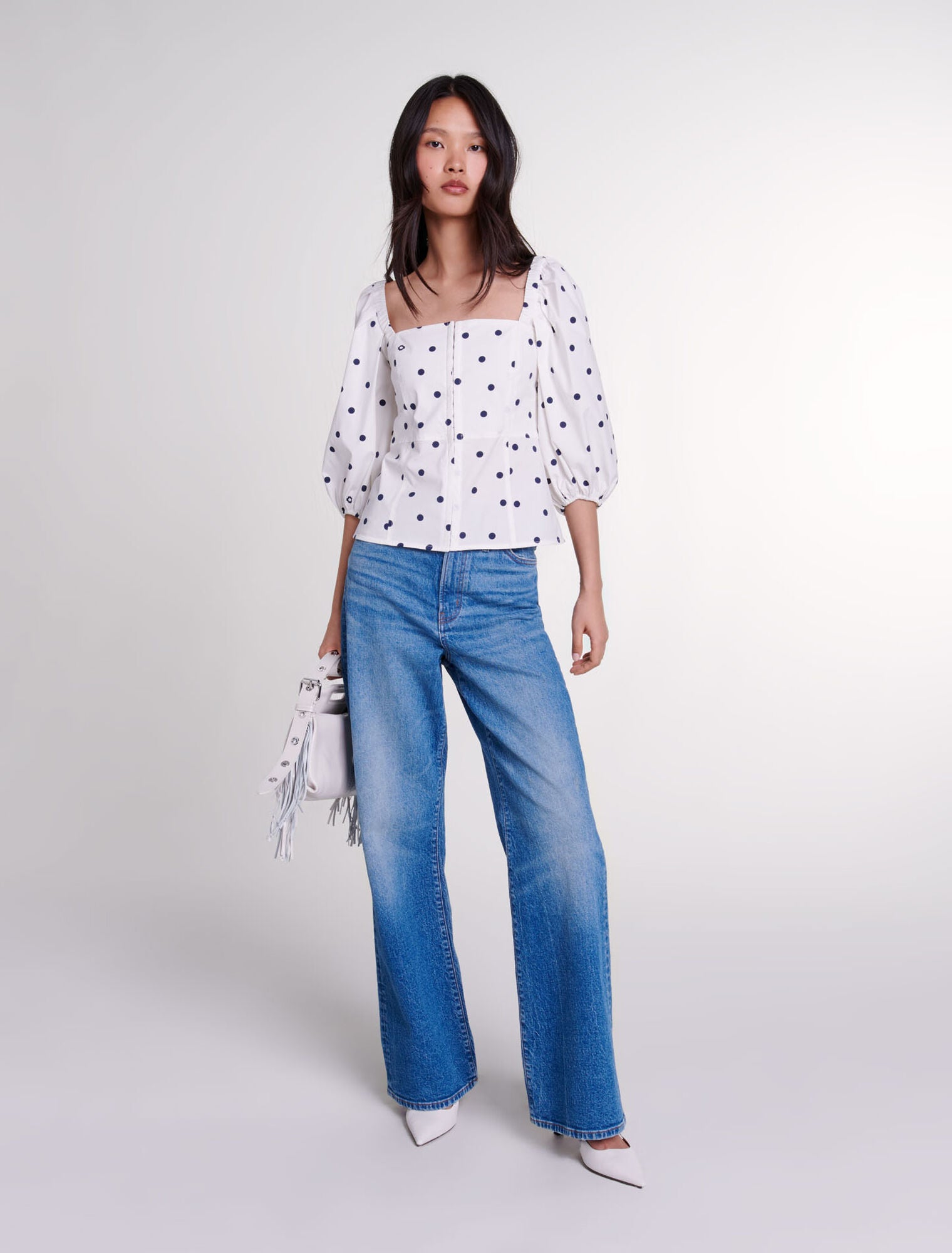 Navy And White Dots featured Puff-sleeved top