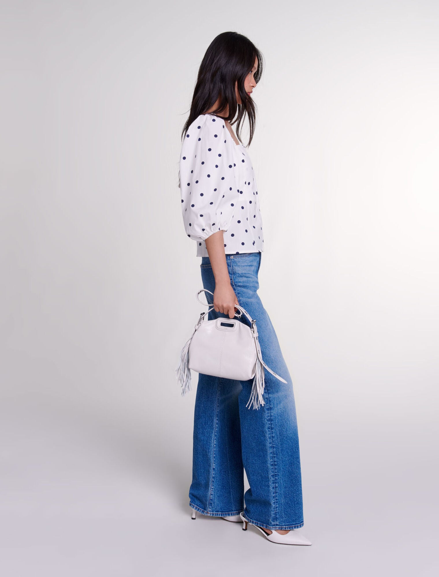 Navy And White Dots   Puff-sleeved top