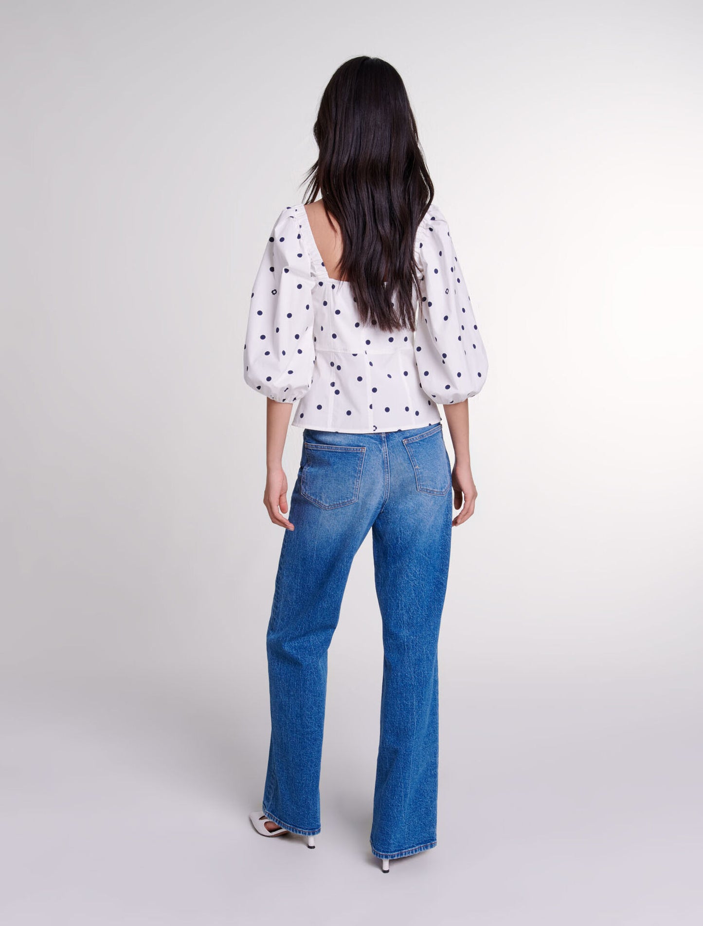 Navy And White Dots   Puff-sleeved top