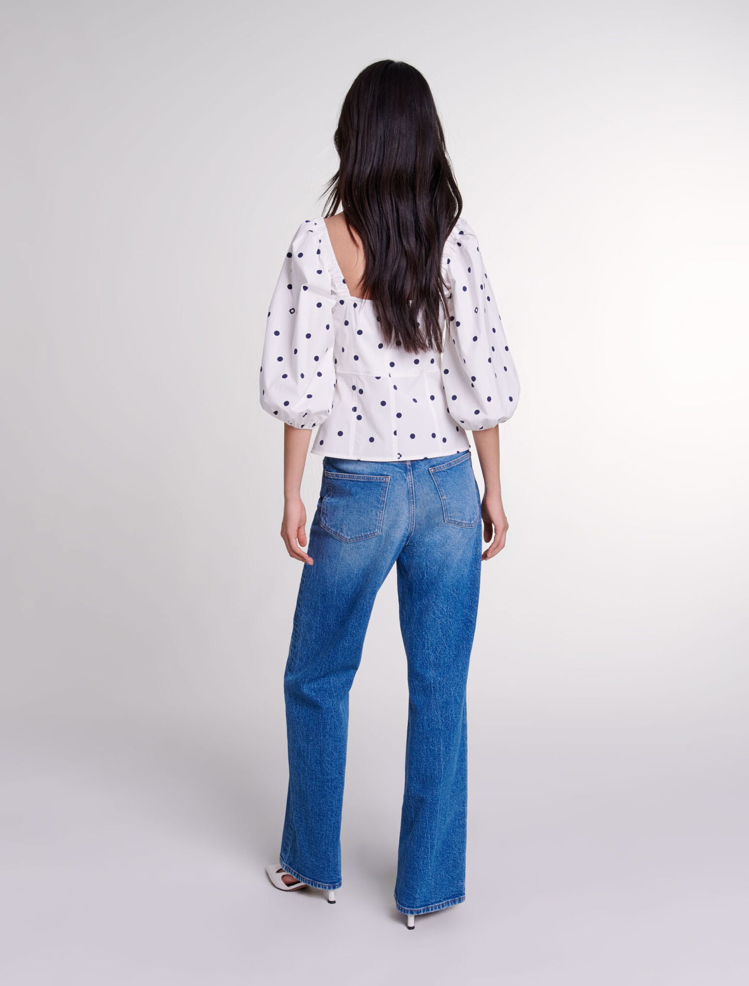 Navy And White Dots   Puff-sleeved top
