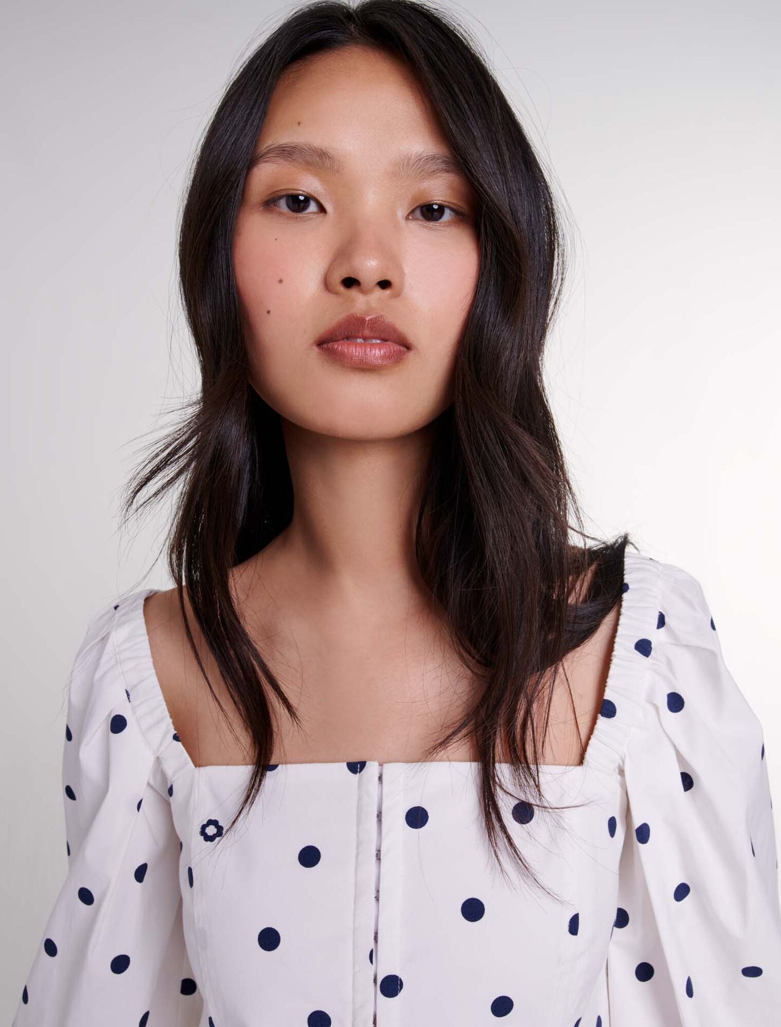 Navy And White Dots   Puff-sleeved top