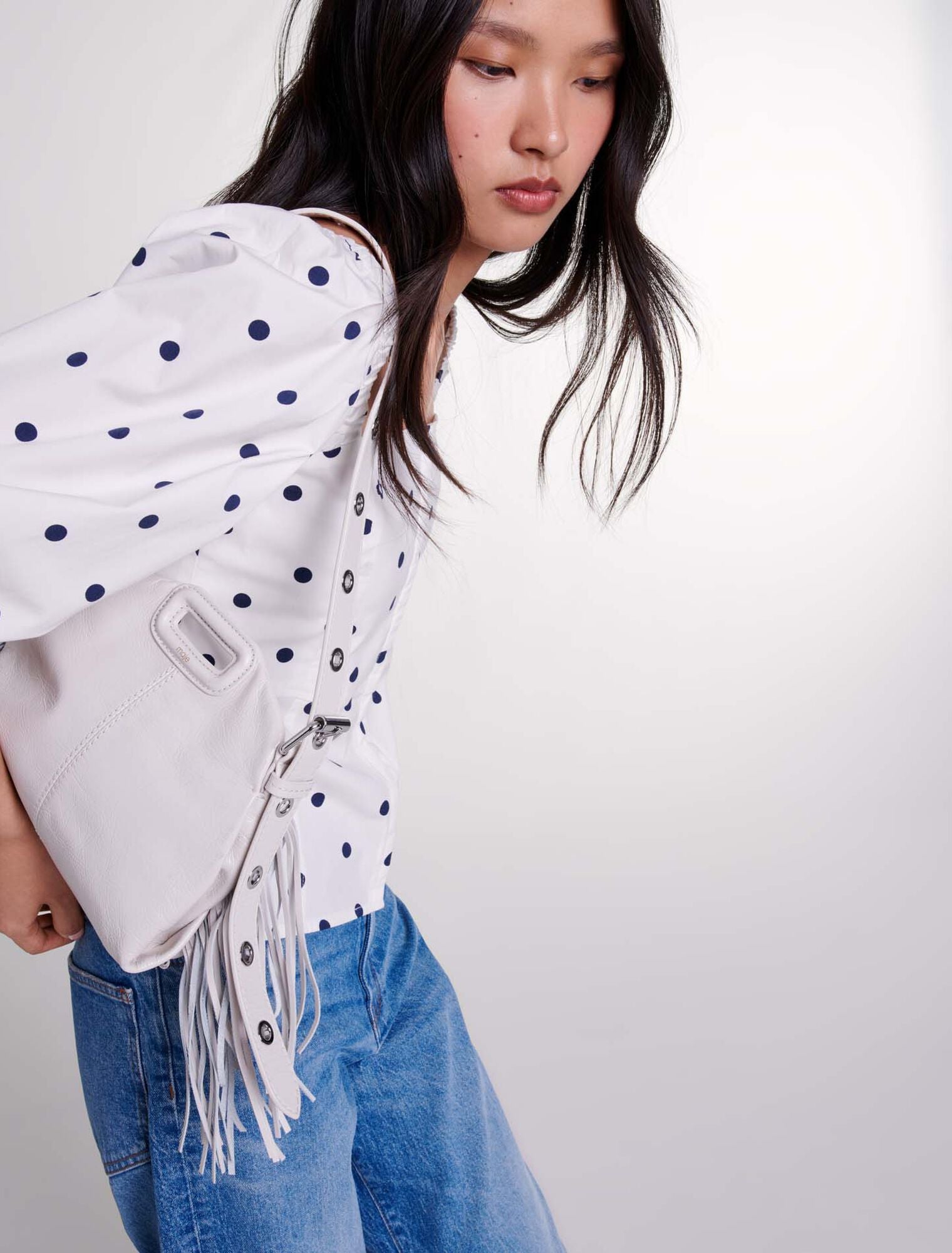 Navy And White Dots   Puff-sleeved top