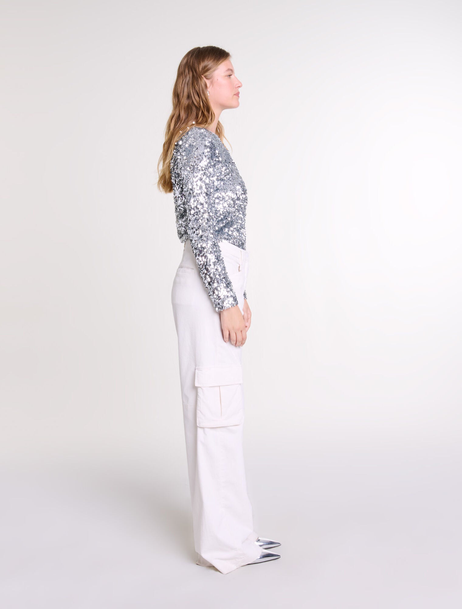 Silver   Long-sleeved sequinned top