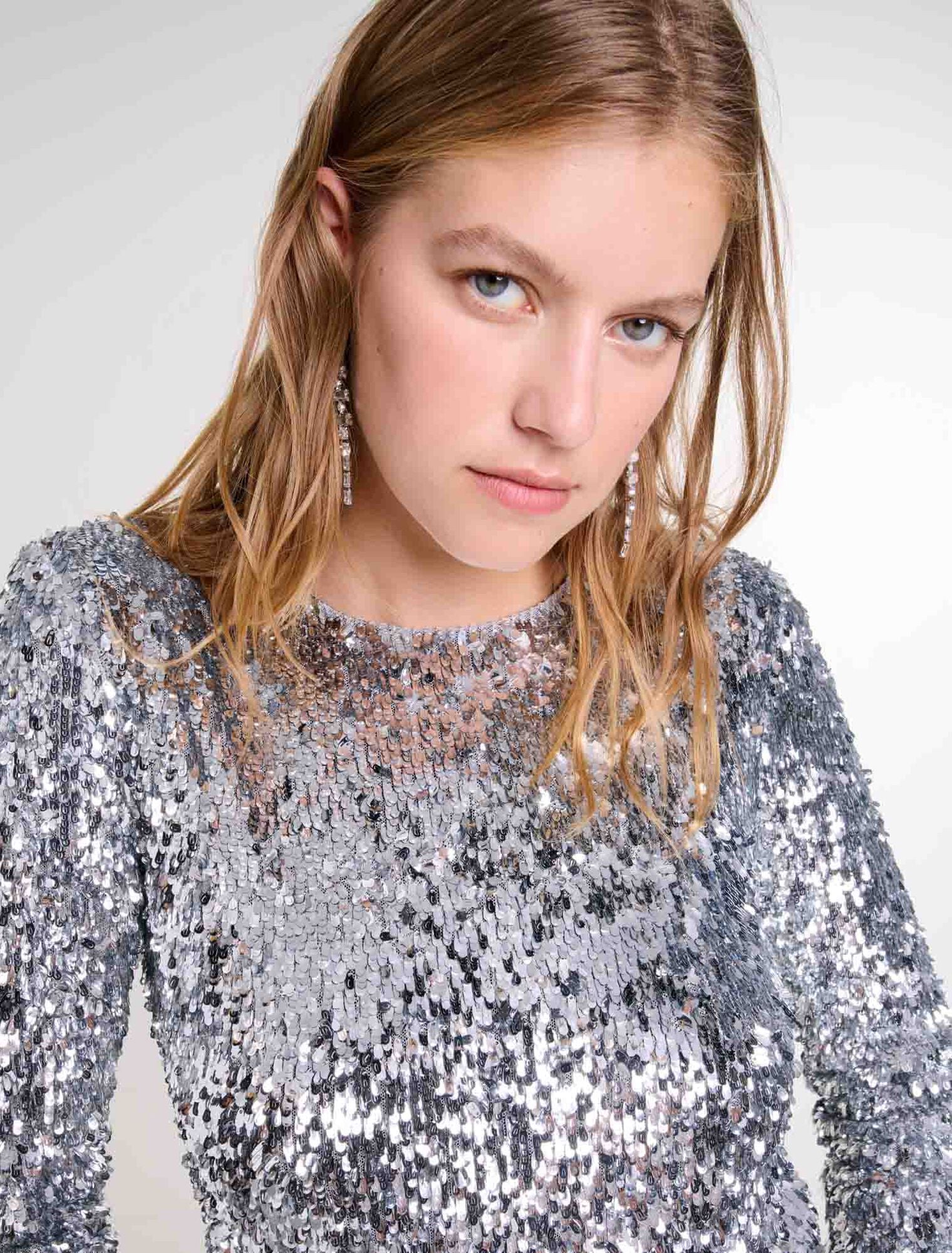 Silver   Long-sleeved sequinned top