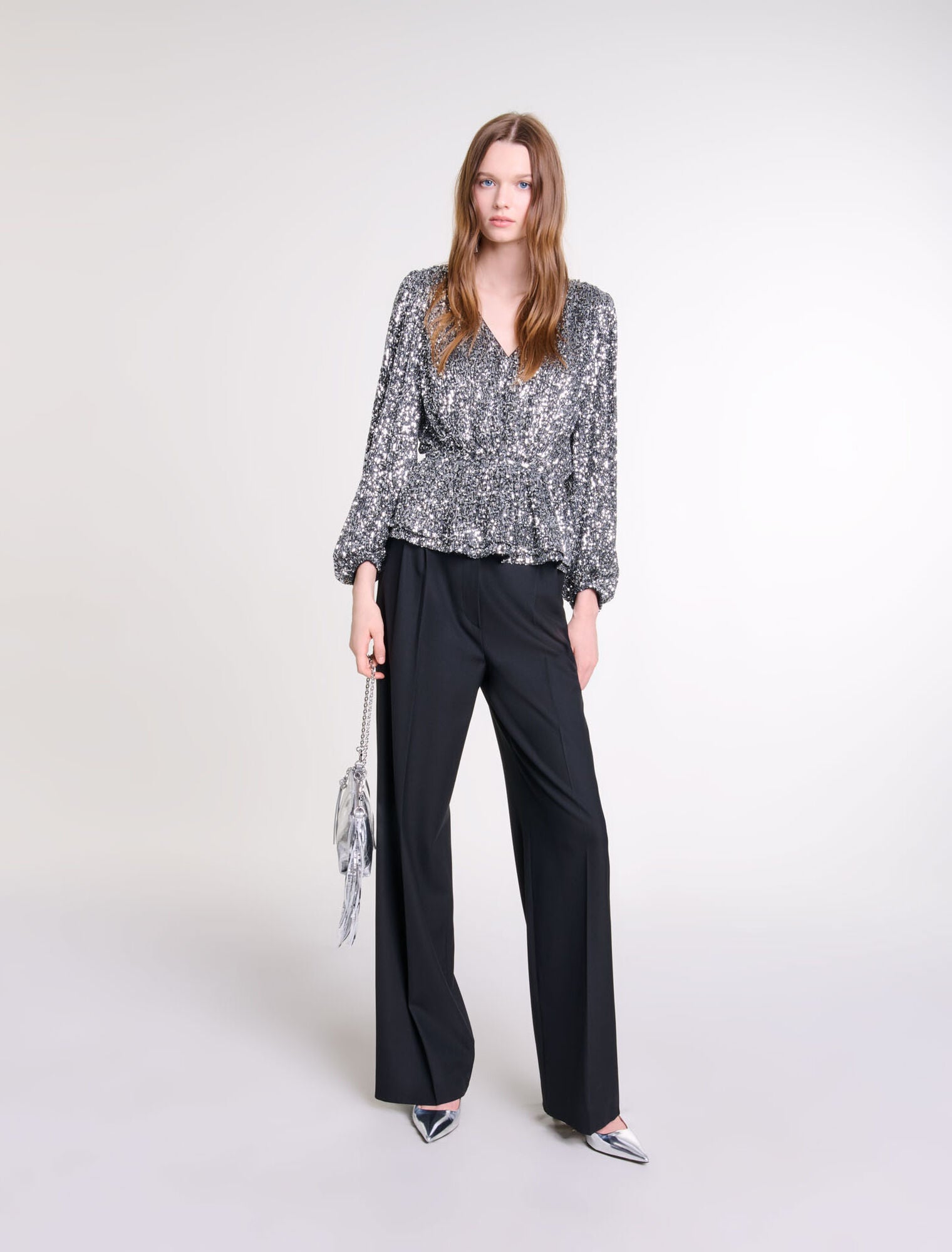 Silver-featured-Smocked sequin top