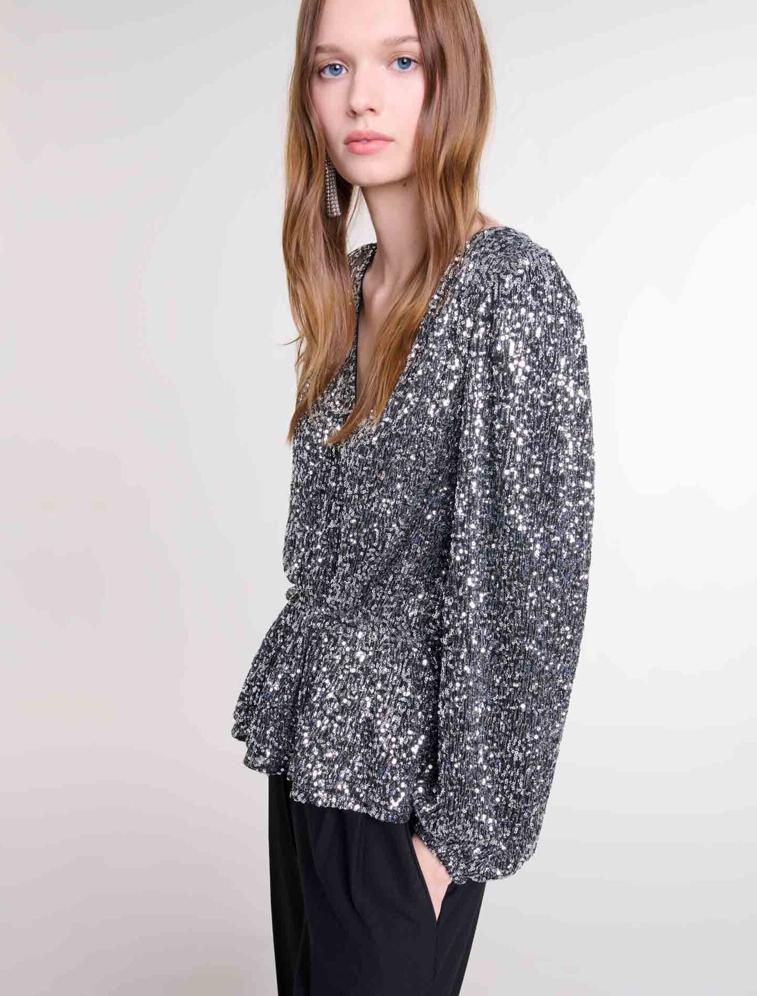 Silver-Smocked sequin top