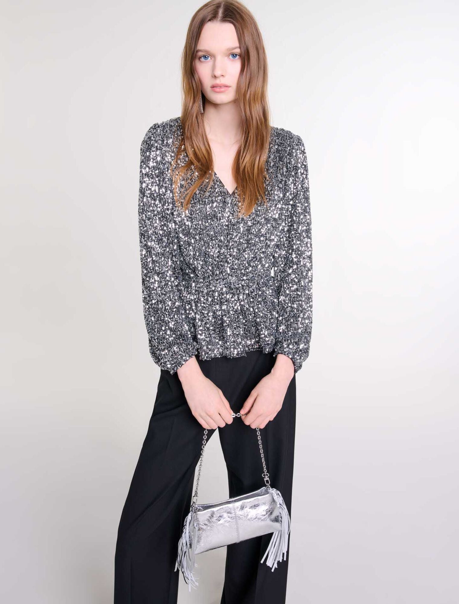 Silver-Smocked sequin top