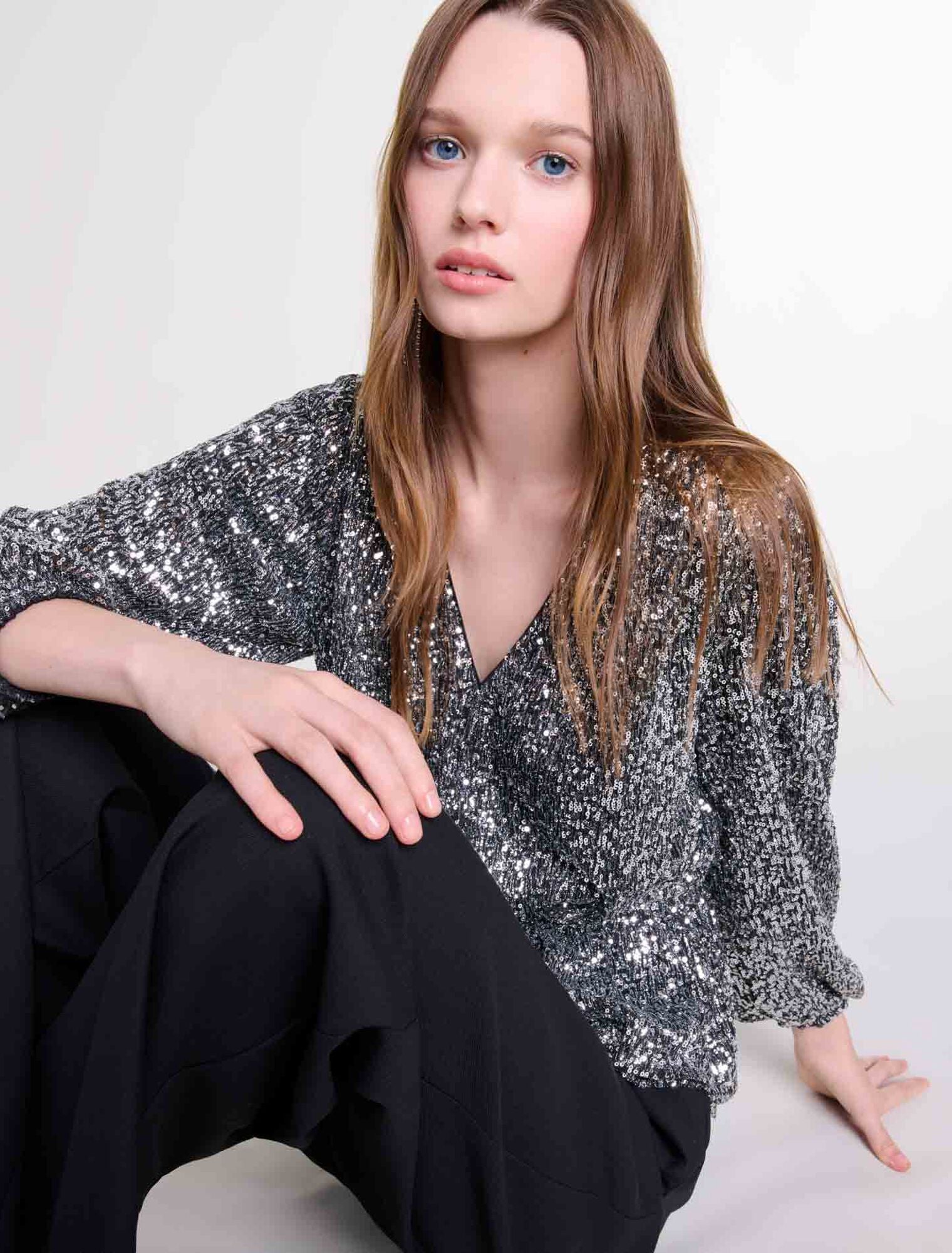 Silver-Smocked sequin top