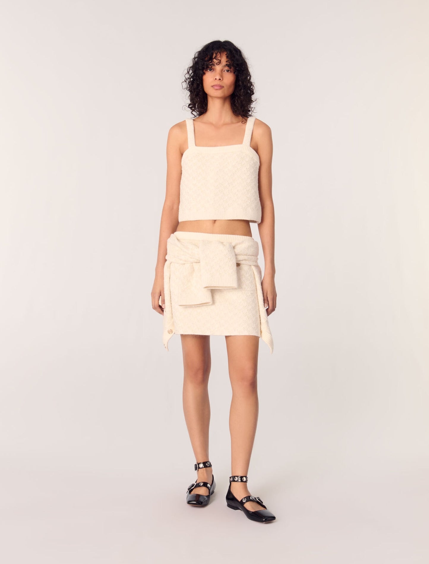 Ecru-featured-Tweed-effect knit crop top