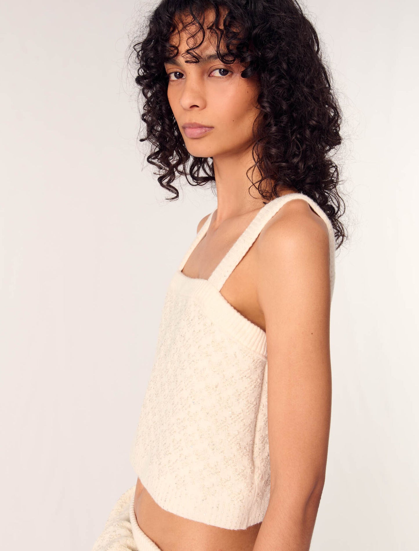 Ecru-Tweed-effect knit crop top