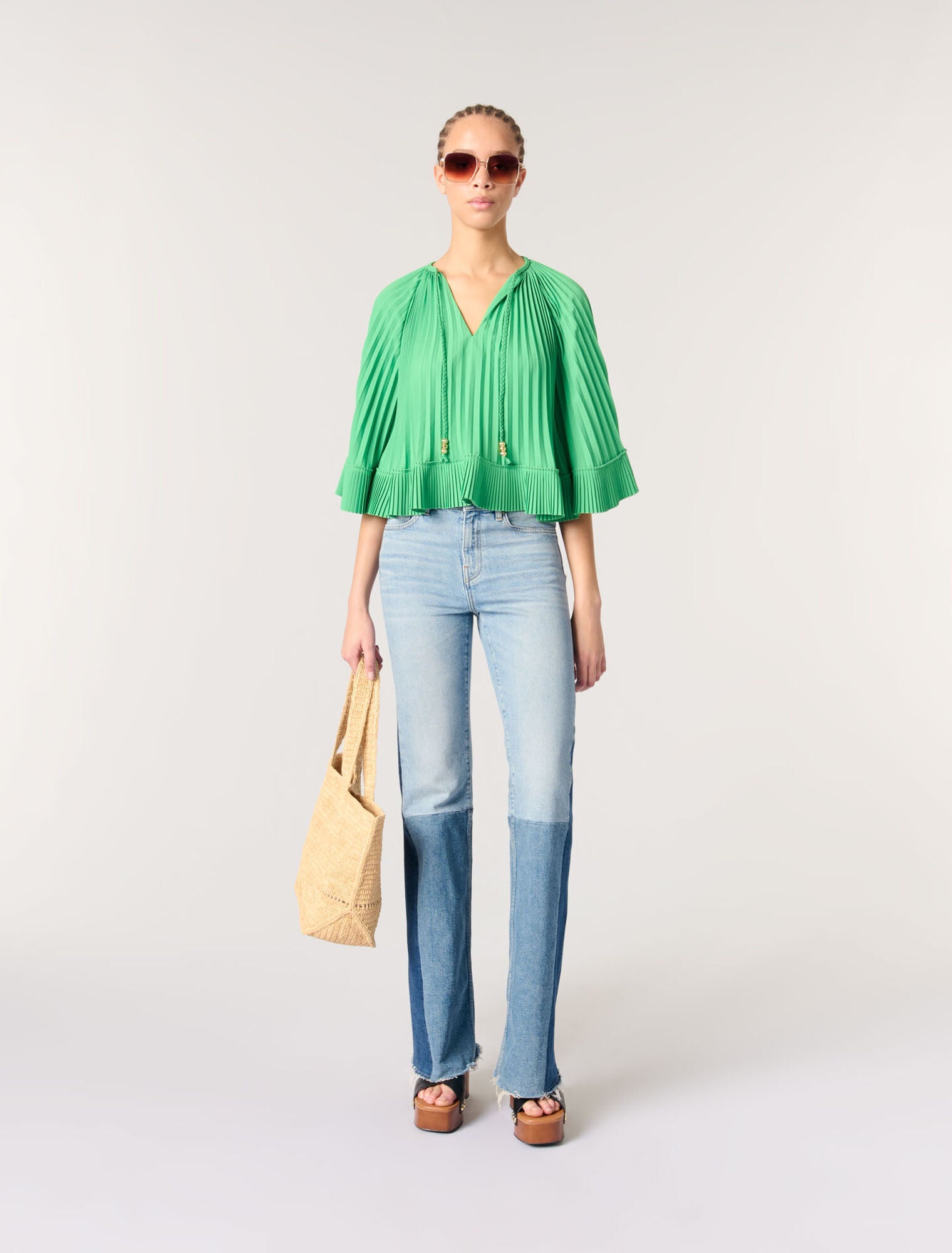 Green-featured-Cape-effect pleated top