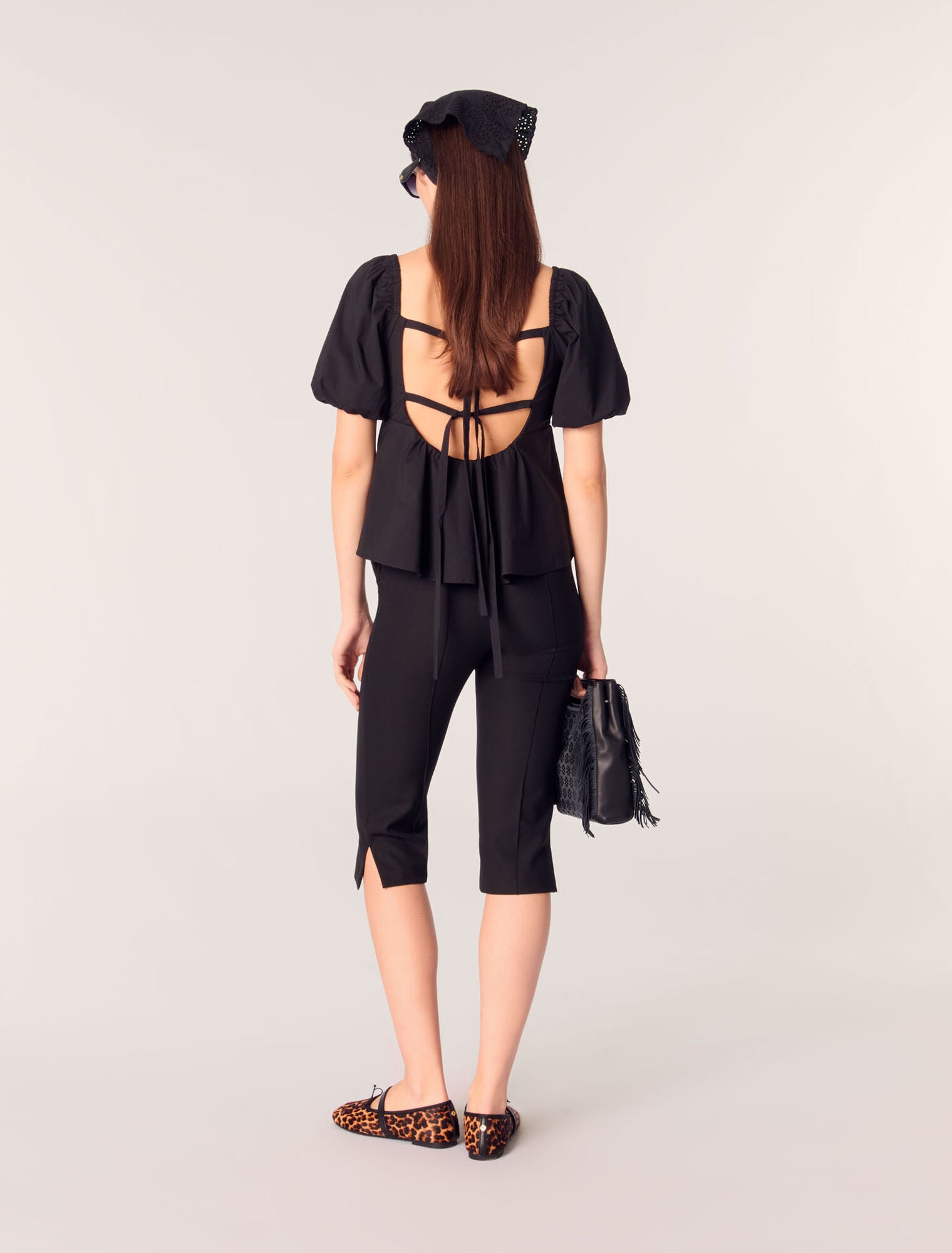 Black-Poplin top with balloon sleeves