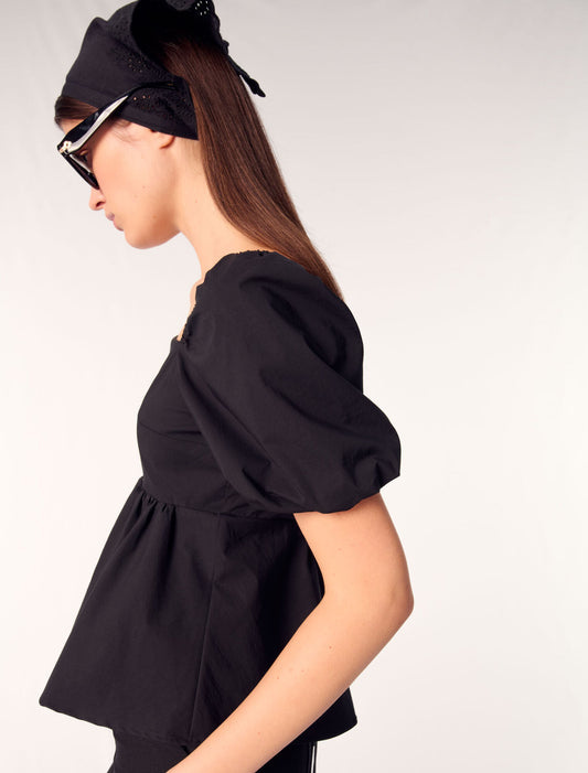 Black-Poplin top with balloon sleeves