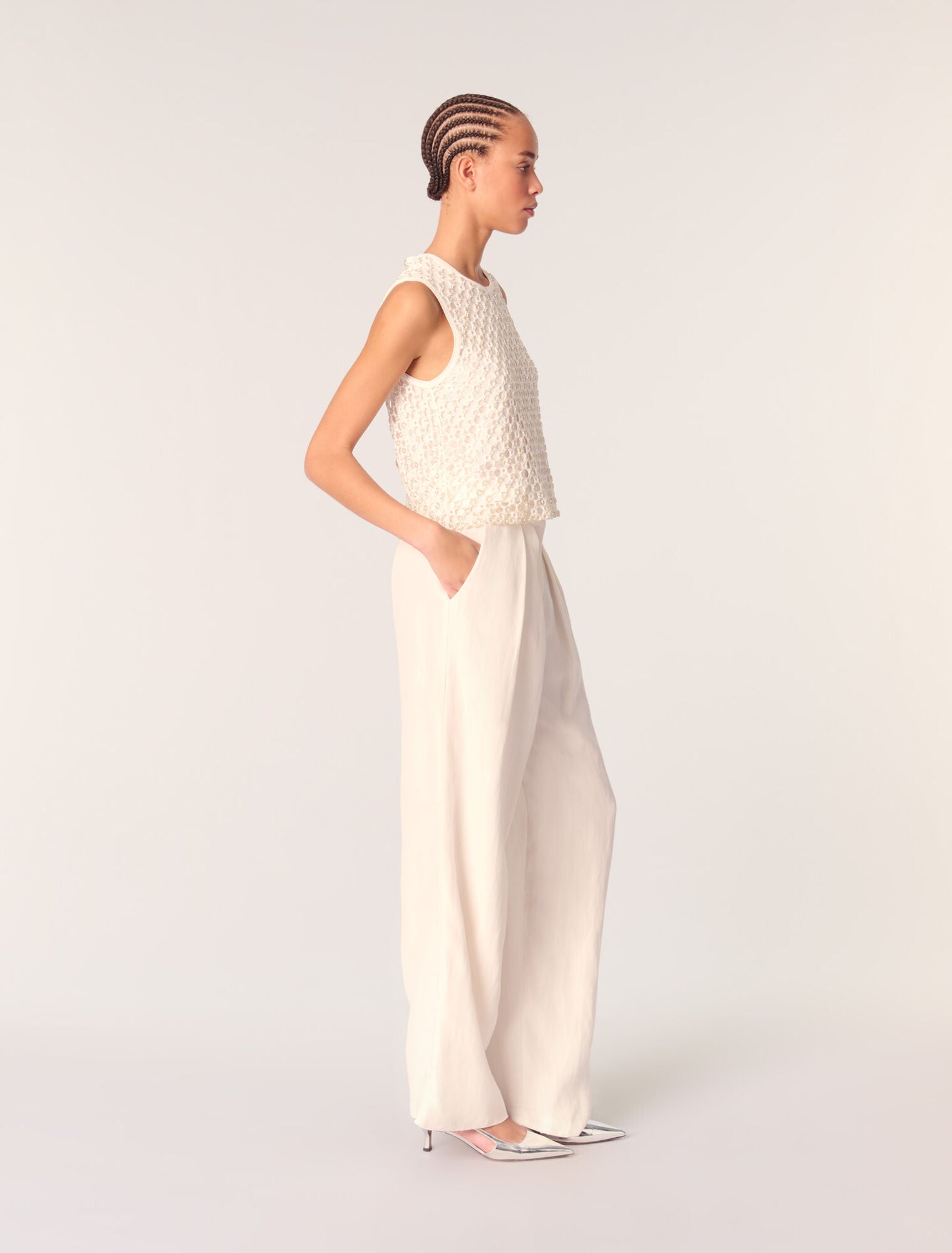 White-Crochet Top With Beads