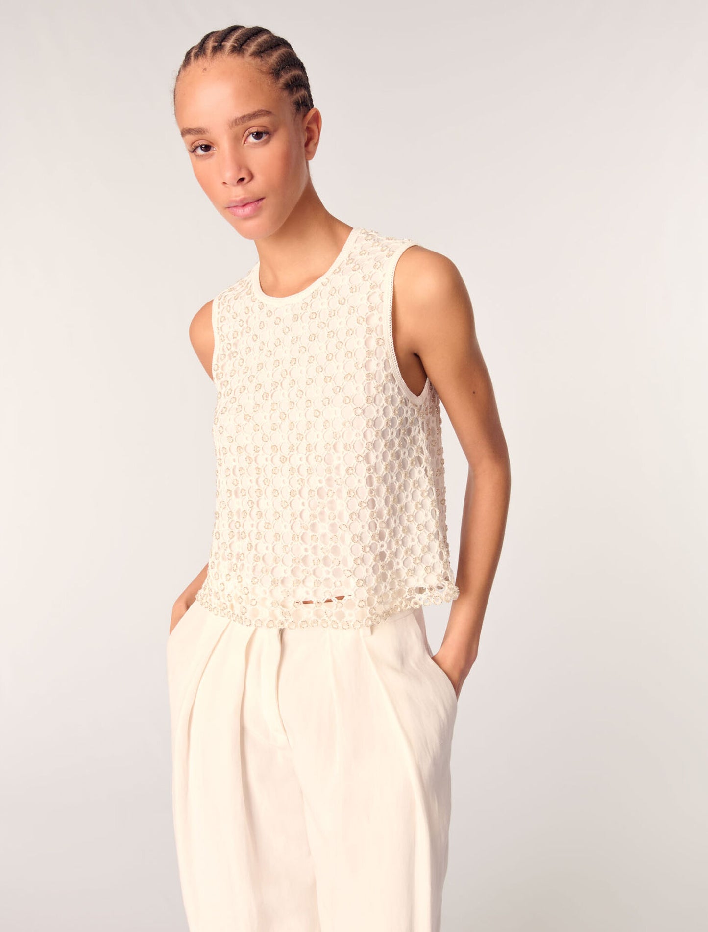 White-Crochet Top With Beads