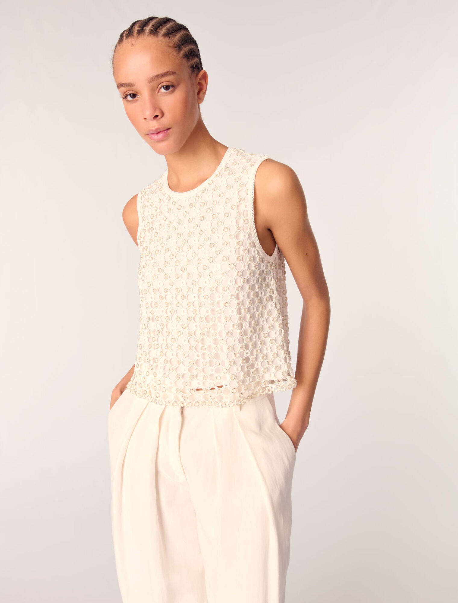 White-Crochet Top With Beads