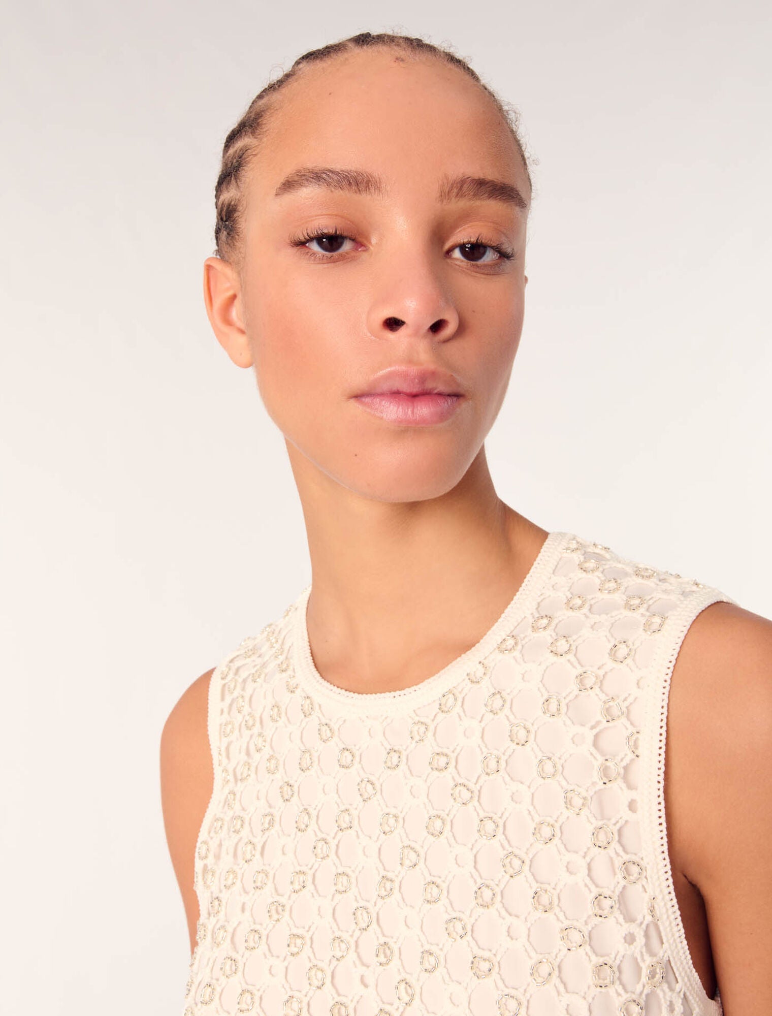 White-Crochet Top With Beads
