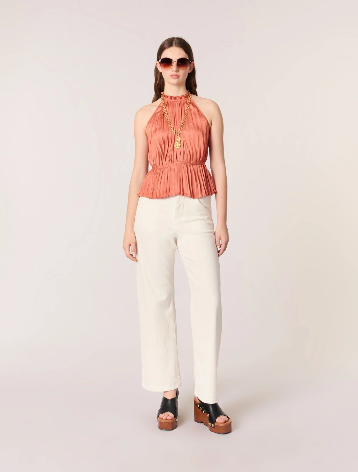 Terracota-featured-Sleeveless Pleated Top