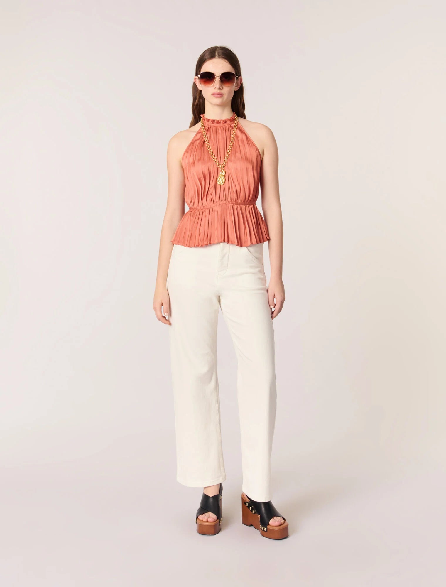 Terracota-featured-Sleeveless Pleated Top