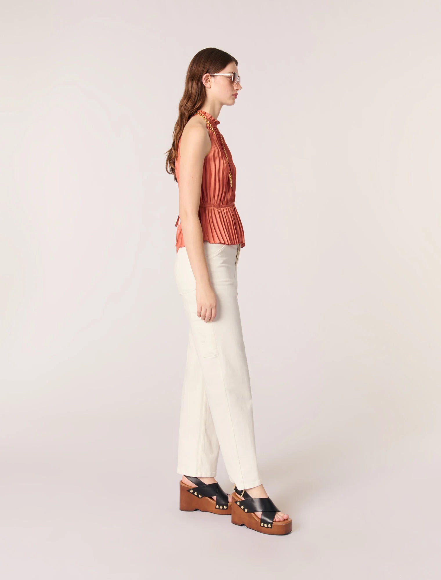 Terracota-Sleeveless Pleated Top