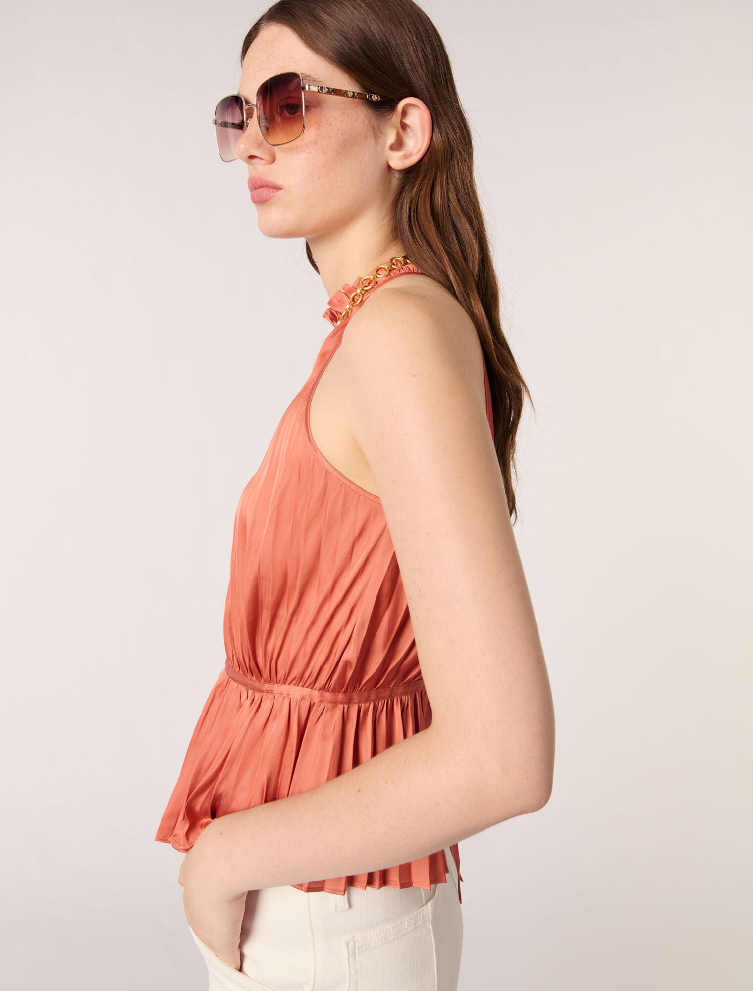 Terracota-Sleeveless Pleated Top