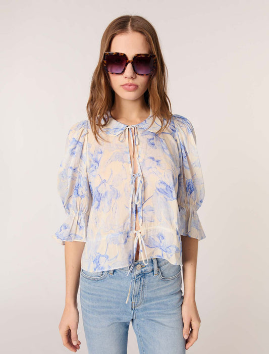 Blue Flower Print Ecru Base-Patterned top