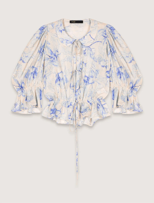Blue Flower Print Ecru Base-Patterned top