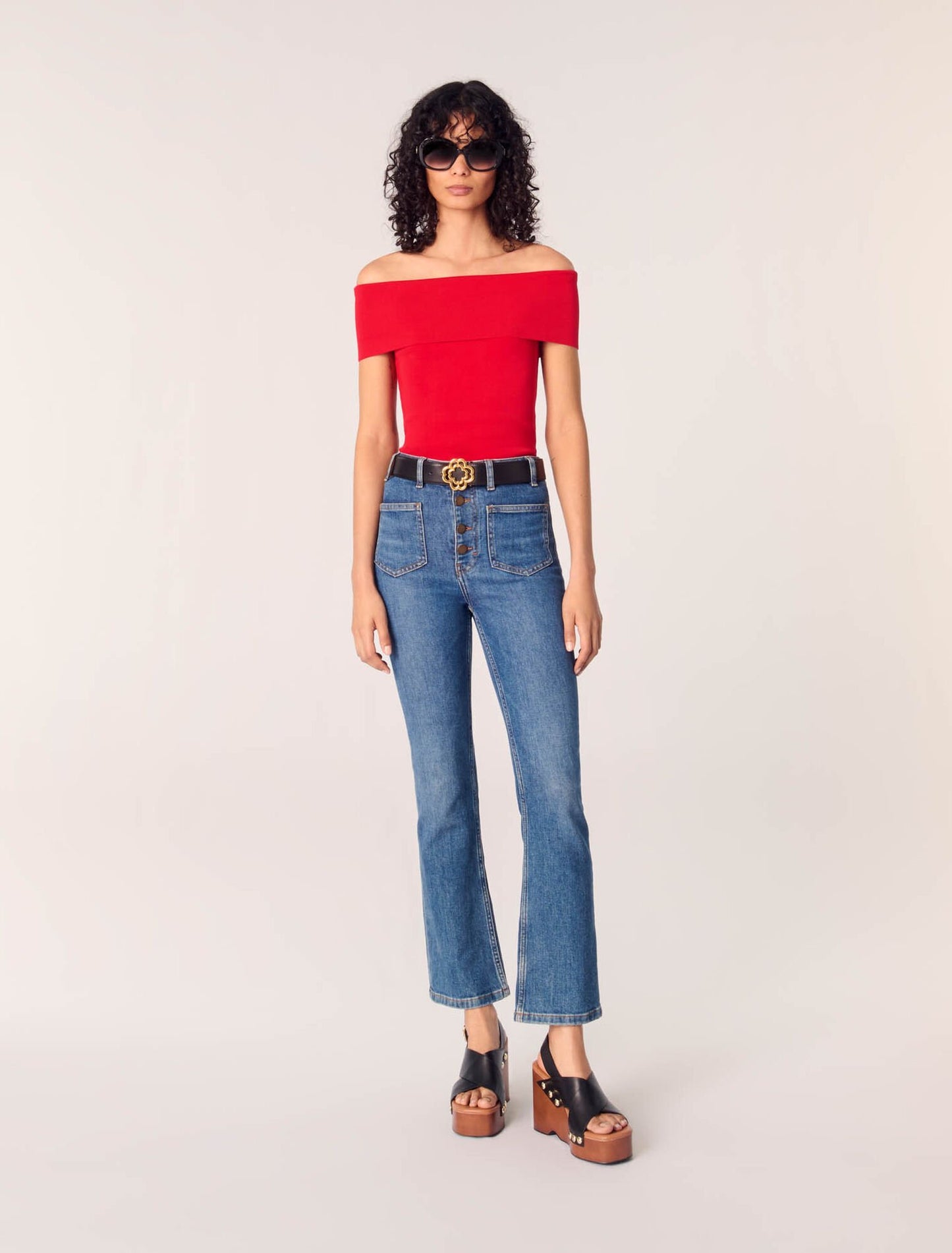 Red-featured-Rib knit bardot-neck top