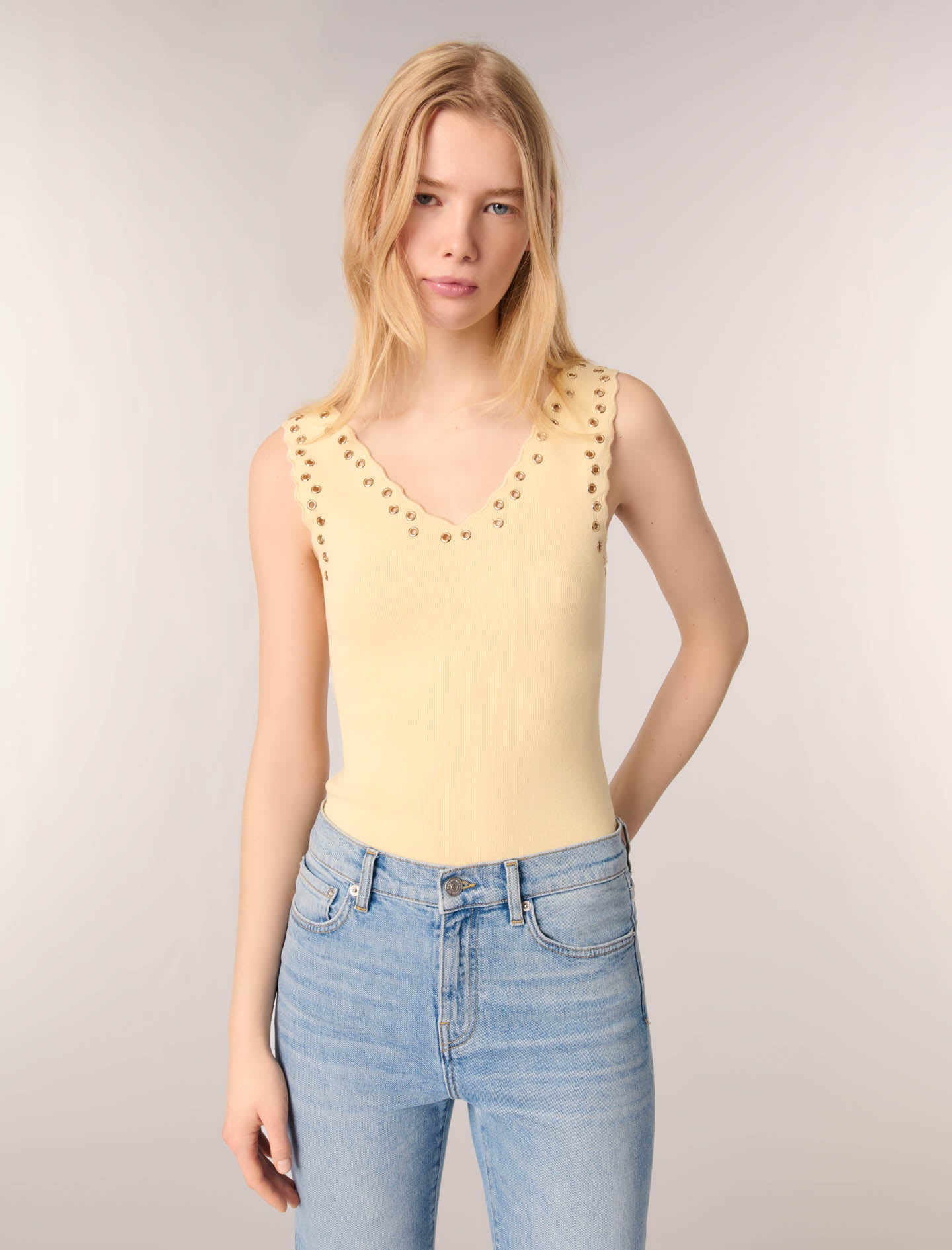 Yellow-Knit eyelet top