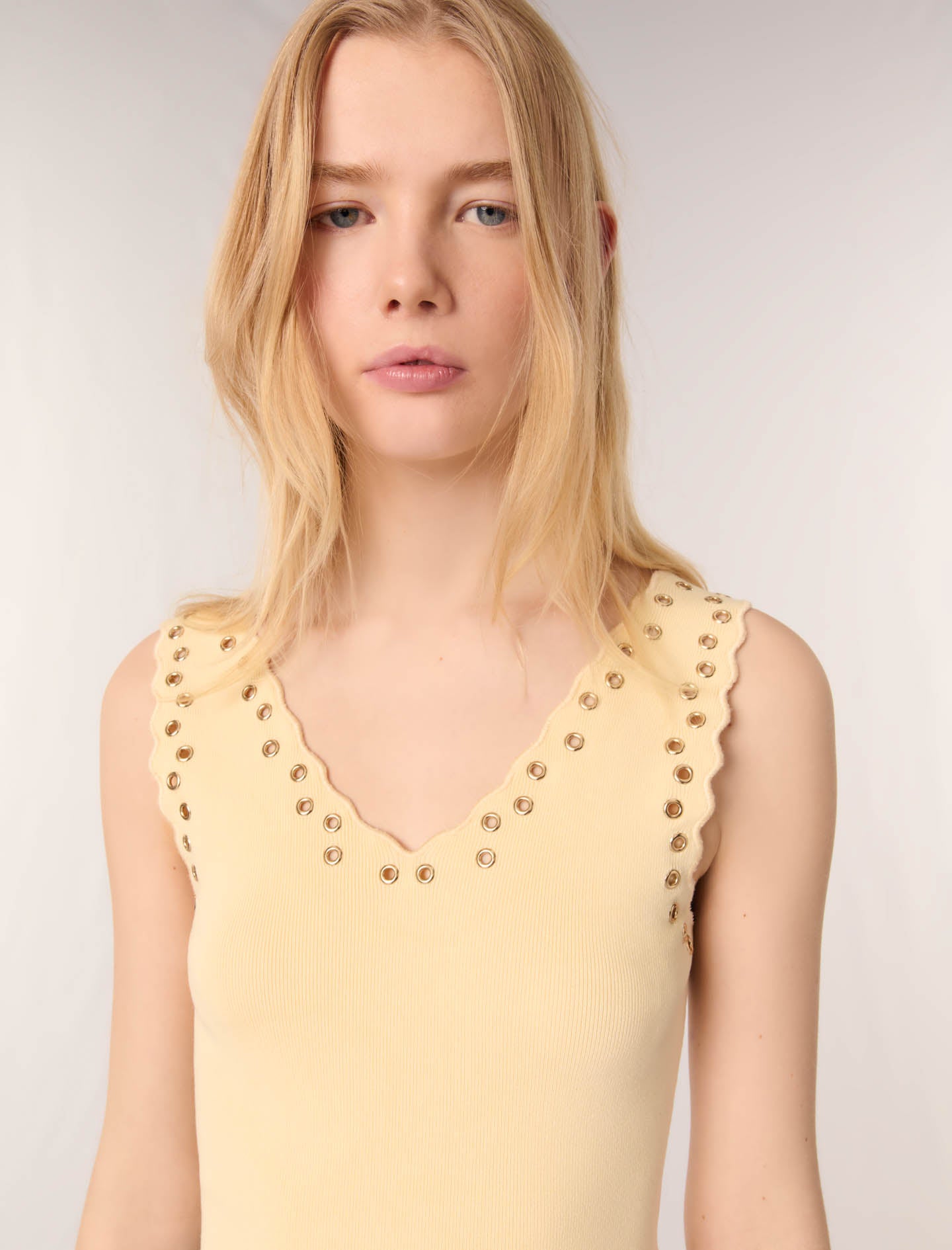 Yellow-Knit eyelet top
