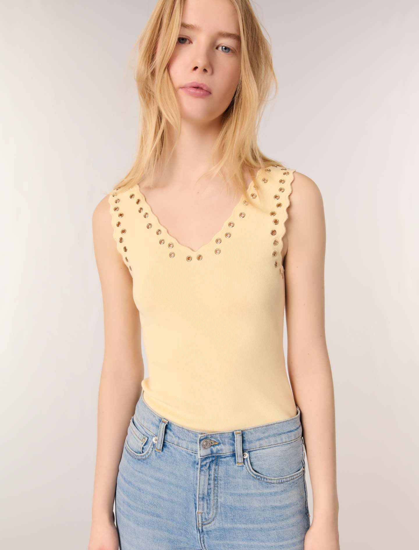 Yellow-Knit eyelet top