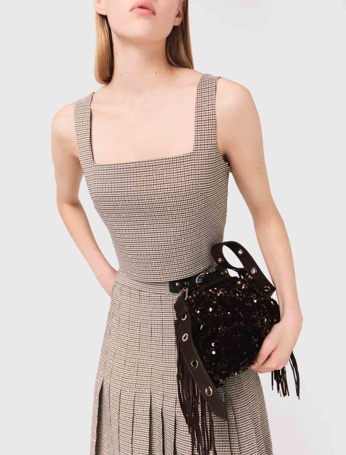 Checked diamanté strappy top Brown