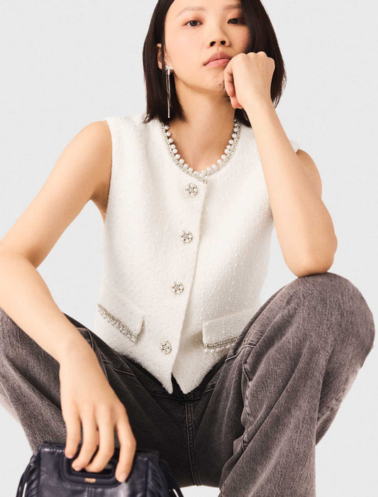 Beaded Tweed Jacket Ecru