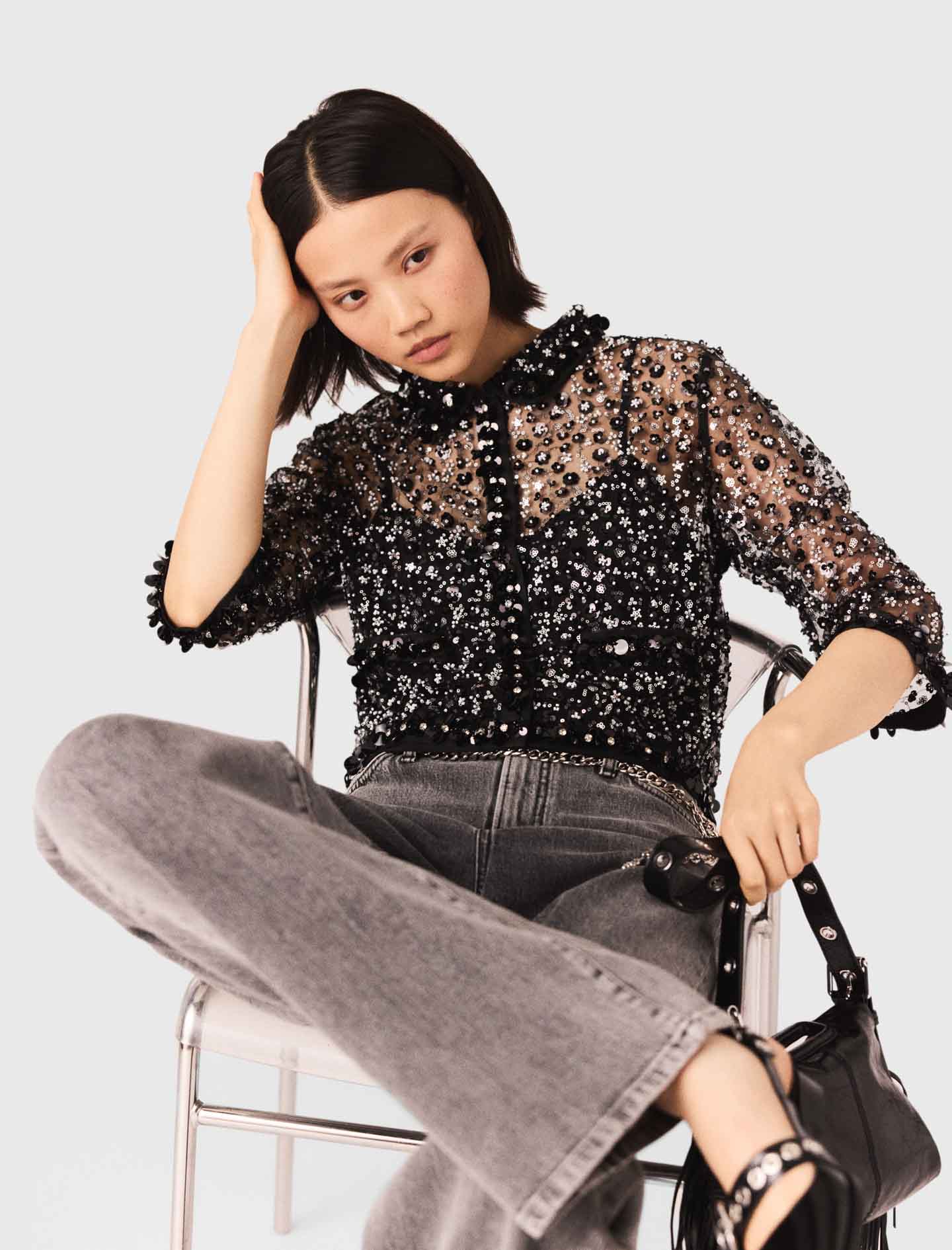 Floral Rhinestone Polo BLACK
