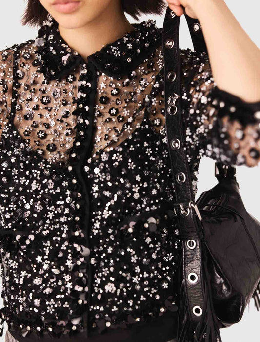 Floral Rhinestone Polo Black