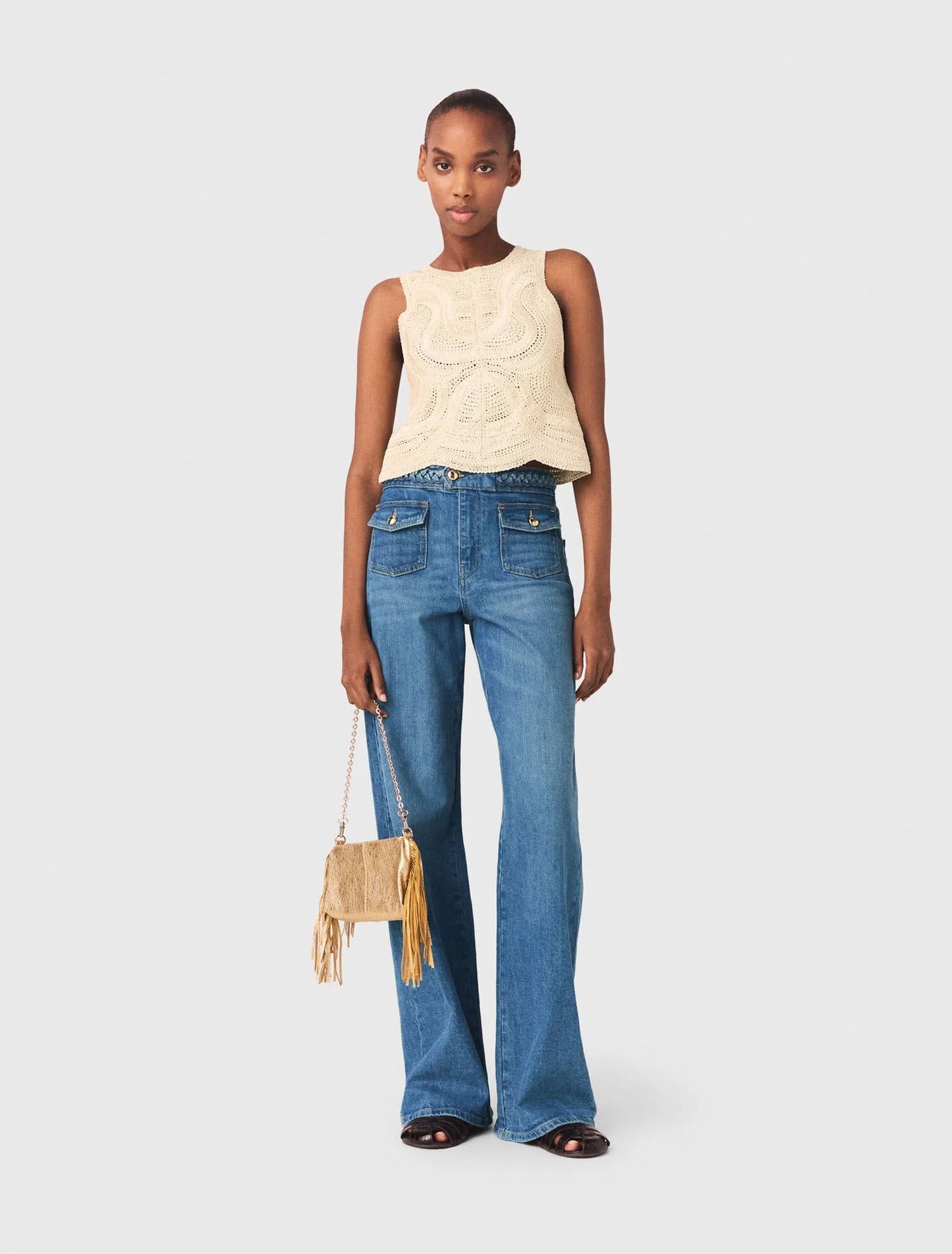Sleeveless Crochet-Knit Top Beige