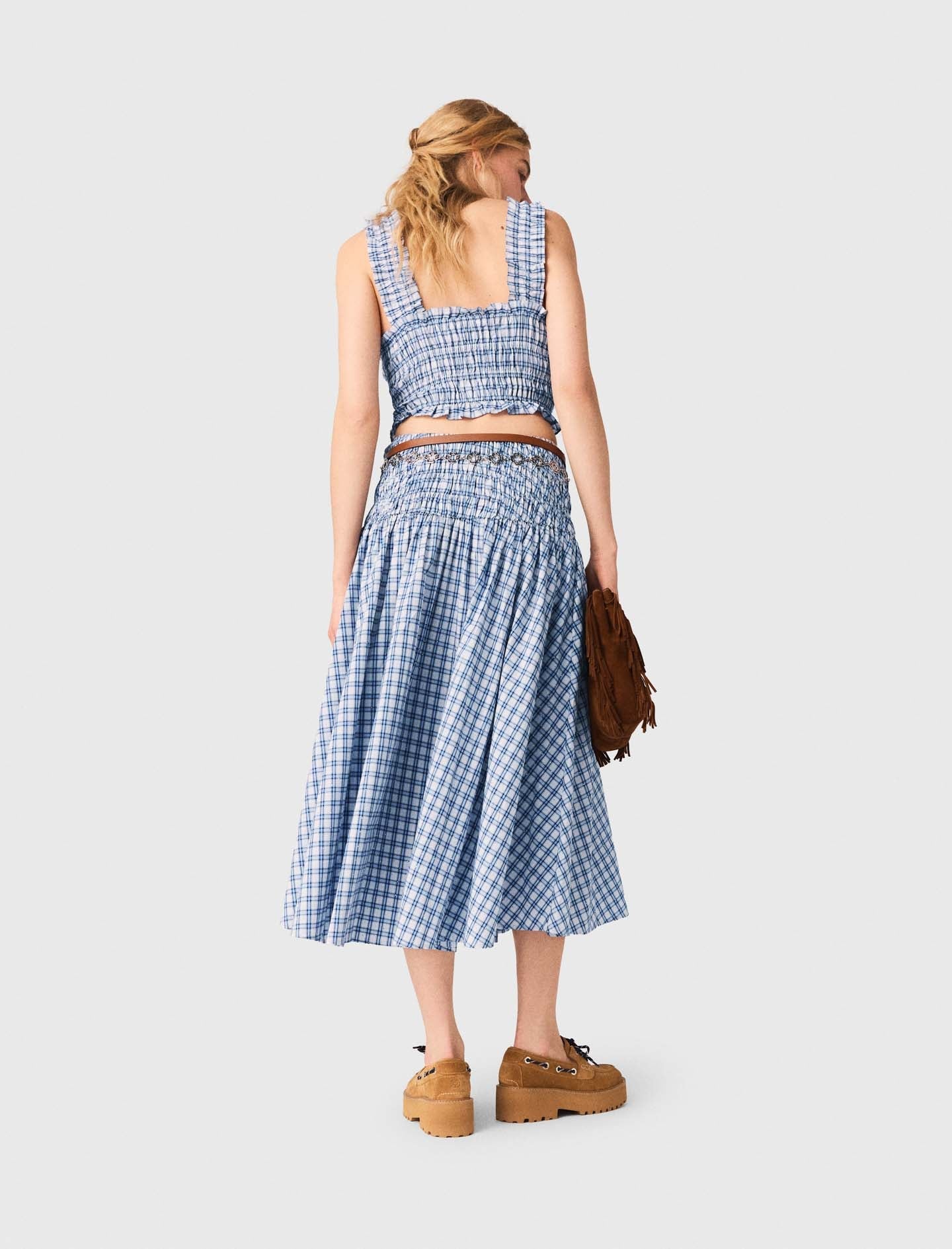 Smocked Rhinestone Cotton Top Blue Check Print BLUE CHECK PRINT