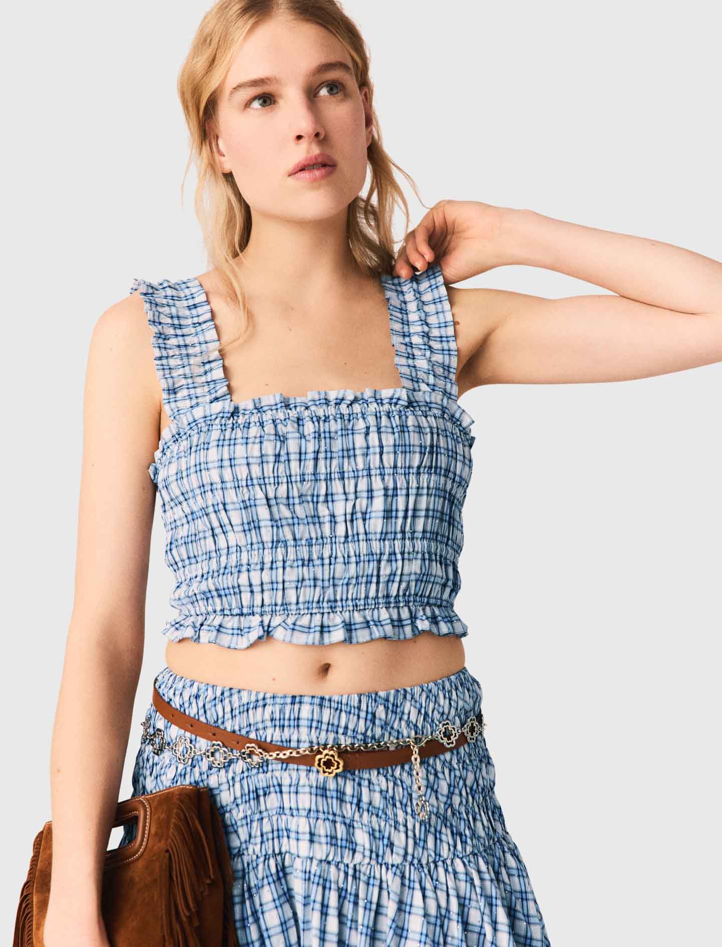 Smocked Rhinestone Cotton Top Blue Check Print BLUE CHECK PRINT