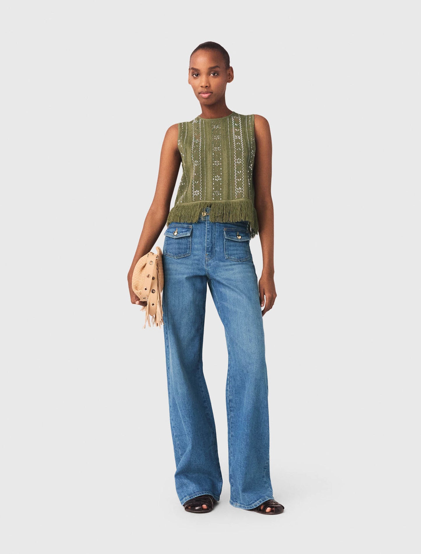 Fringed Rhinestone Flower Top Khaki