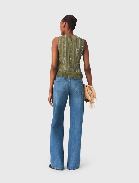 Fringed Rhinestone Flower Top Khaki