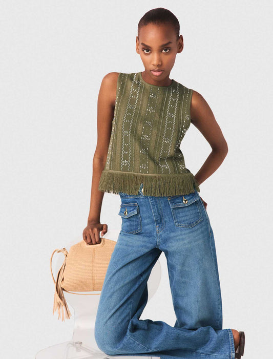Fringed Rhinestone Flower Top Khaki