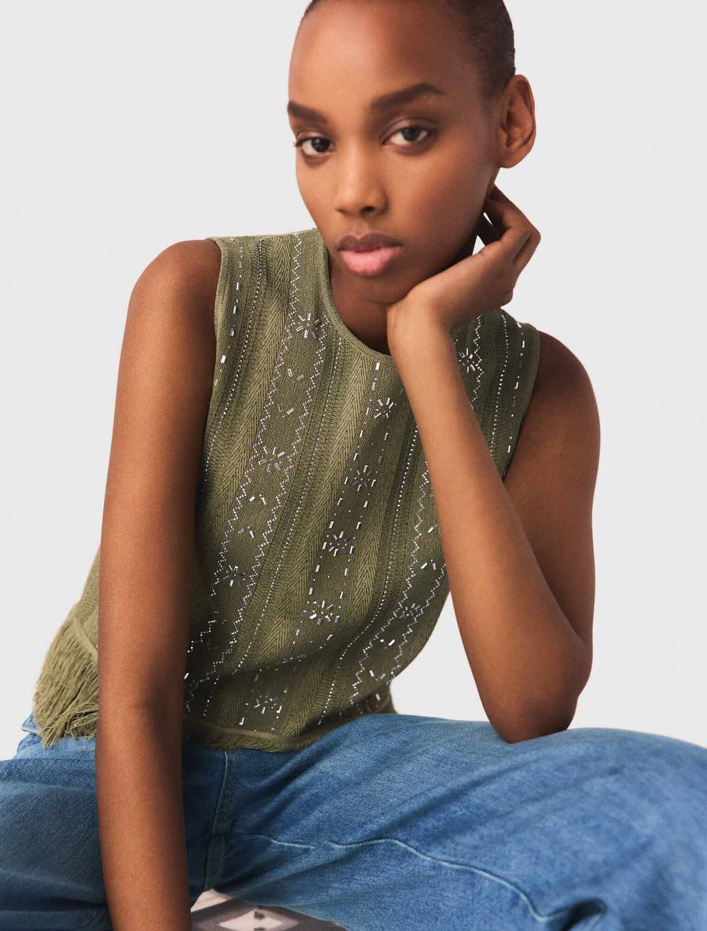 Fringed Rhinestone Flower Top Khaki