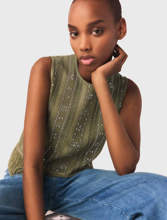 Fringed Rhinestone Flower Top Khaki