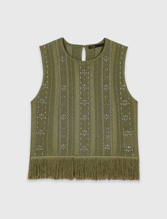 Fringed Rhinestone Flower Top Khaki