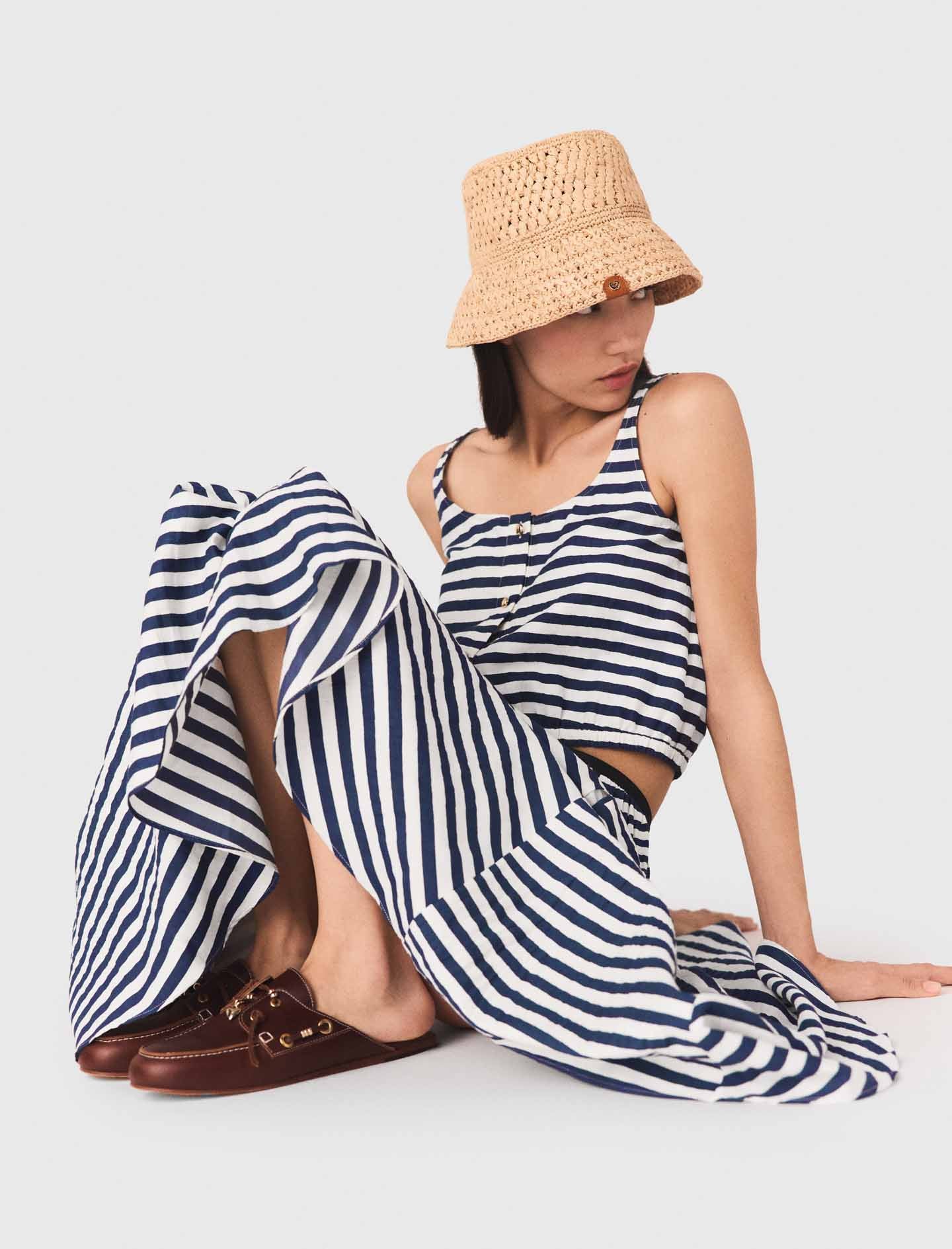 Linen-Blend Top White/Blue