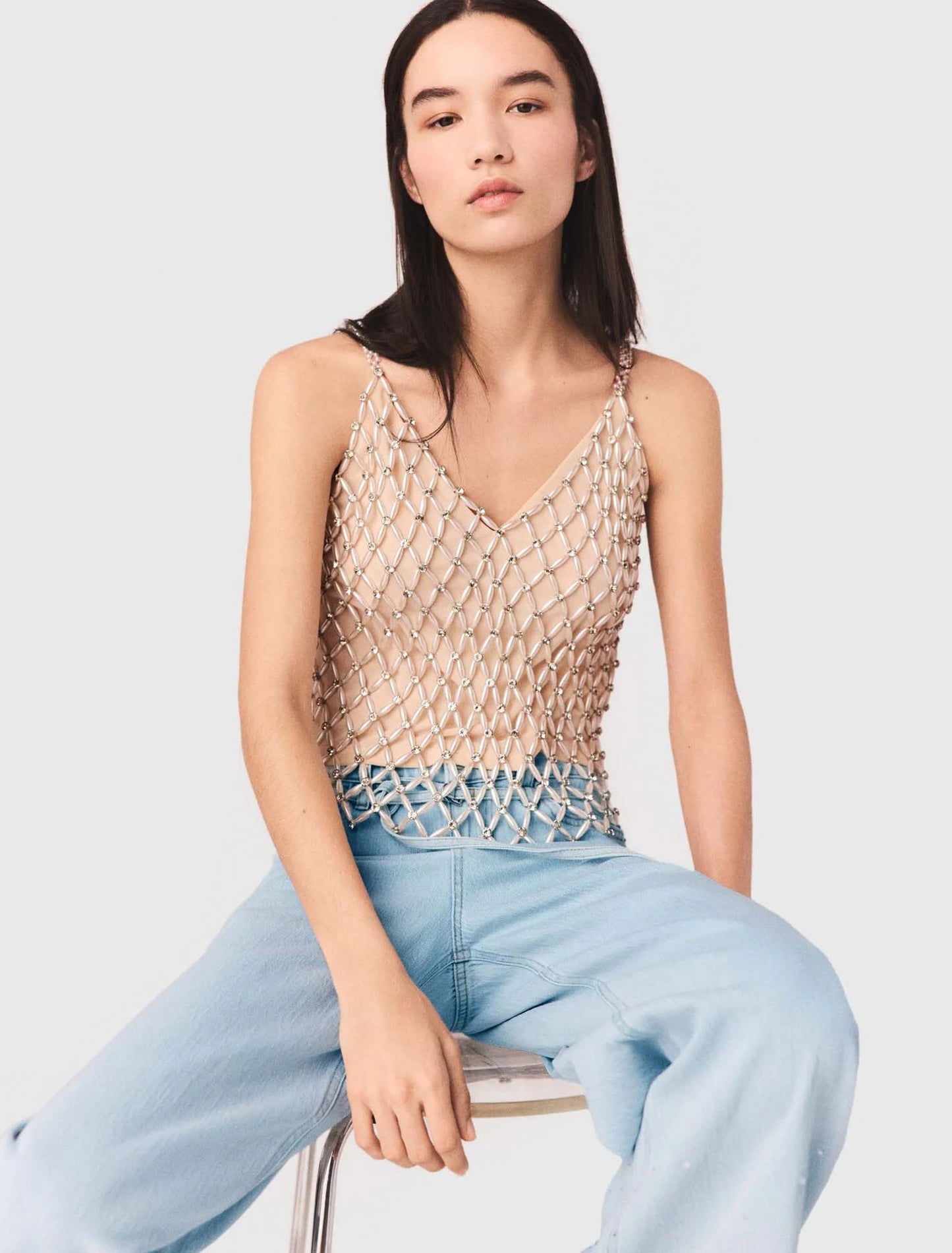 Beaded Top With Lining Ecru