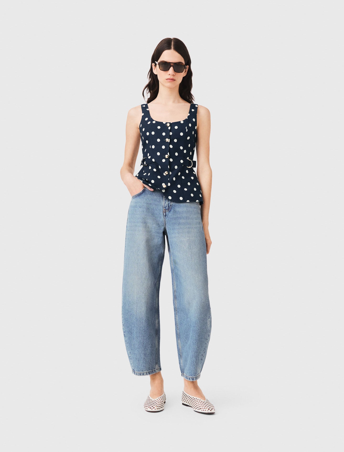 Long linen blend jacket Navy Dots Print
