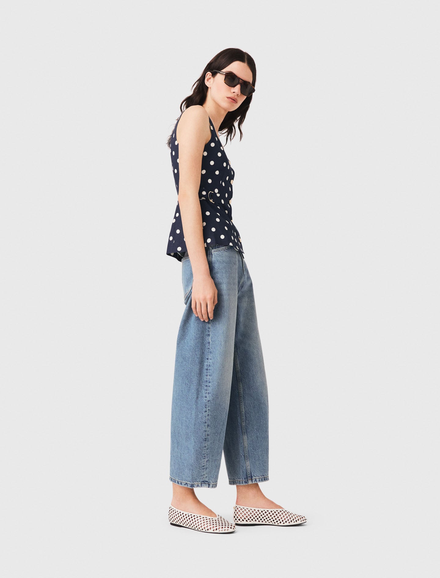 Long linen blend jacket Navy Dots Print
