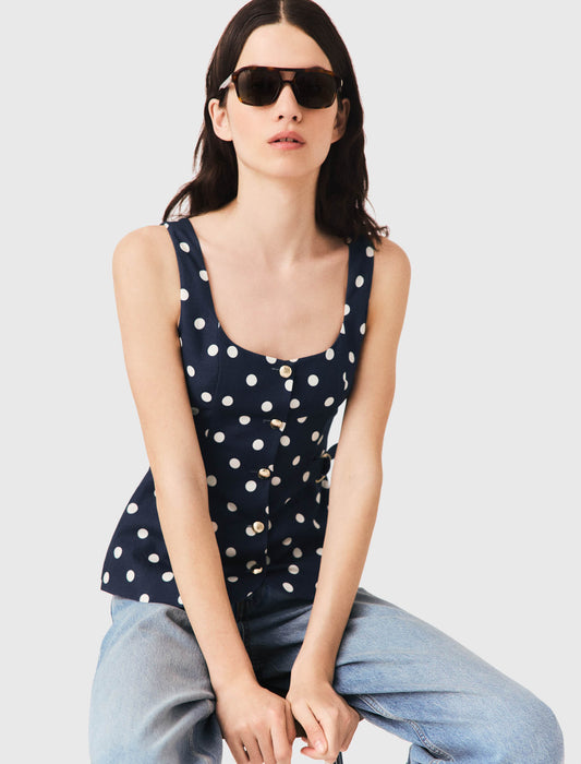 Long linen blend jacket Navy Dots Print